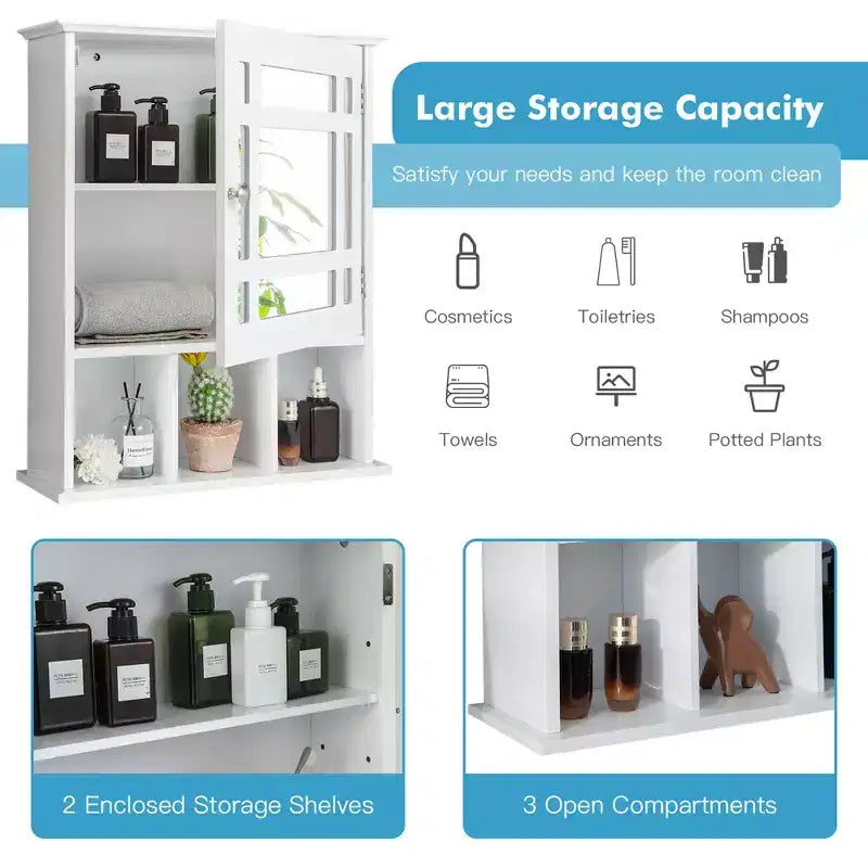 Armoire à pharmacie à miroir, rangement mural pour salle de bain avec étagère réglable, gris/marron
