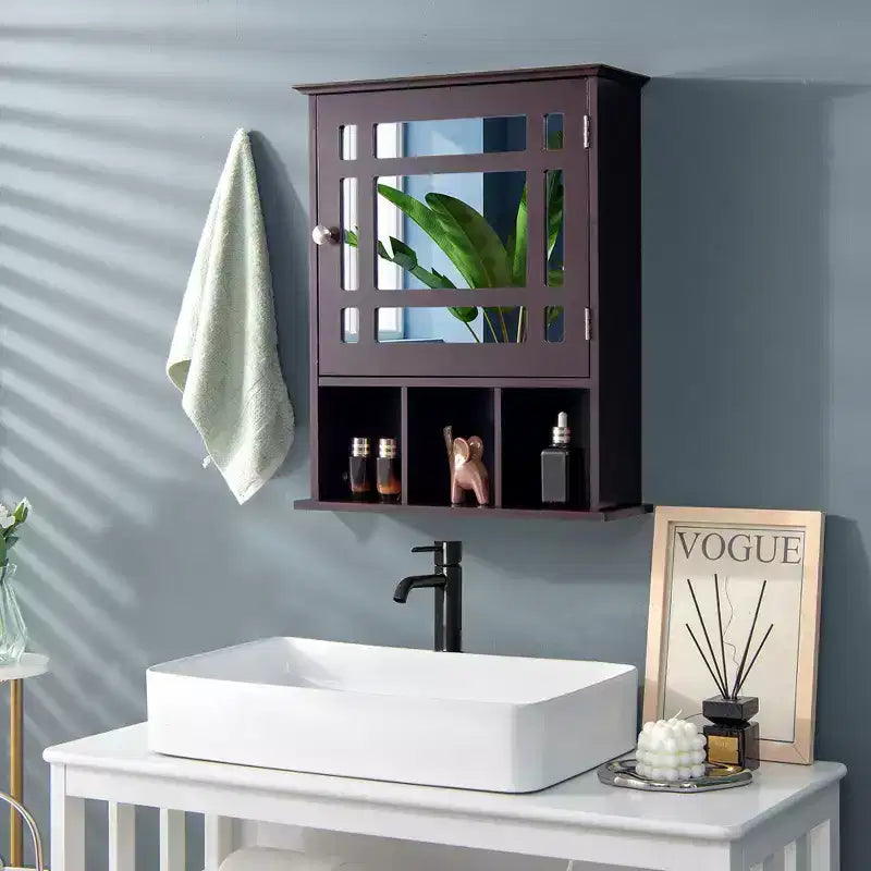 Armoire à pharmacie à miroir, rangement mural pour salle de bain avec étagère réglable, gris/marron