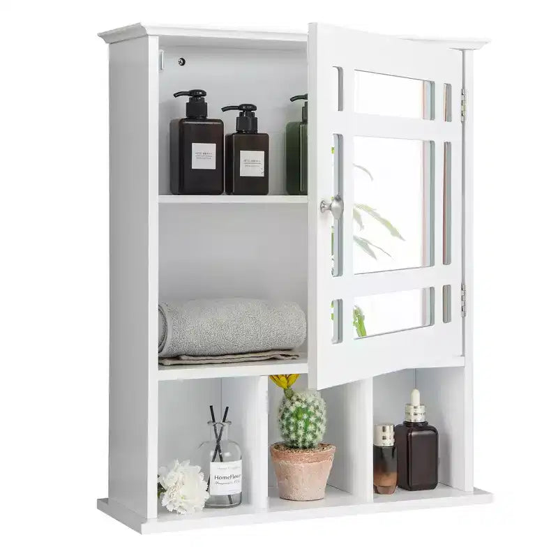 Armoire à pharmacie à miroir, rangement mural pour salle de bain avec étagère réglable, gris/marron
