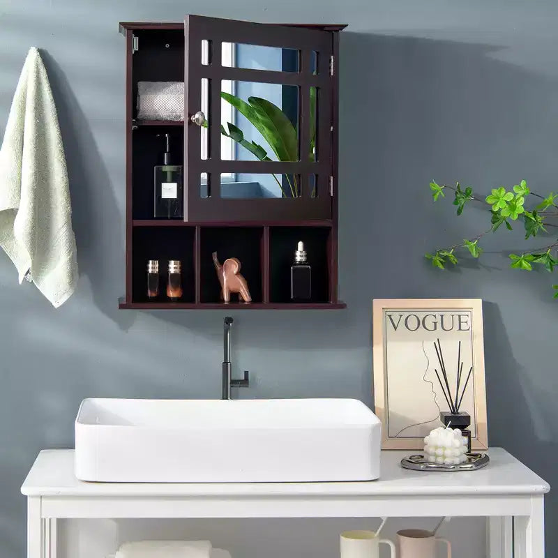 Armoire à pharmacie à miroir, rangement mural pour salle de bain avec étagère réglable, gris/marron