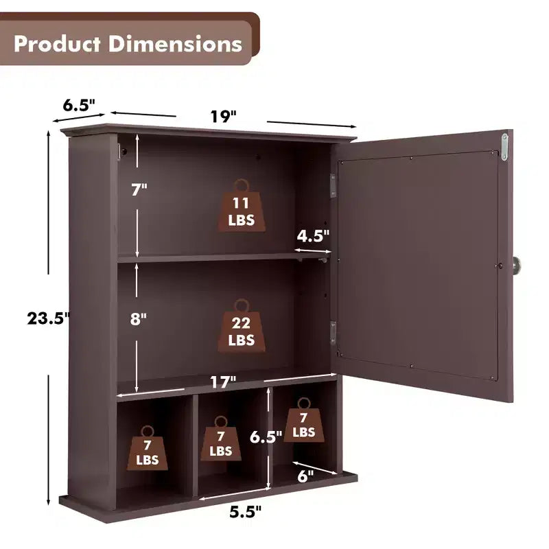 Armoire à pharmacie à miroir, rangement mural pour salle de bain avec étagère réglable, gris/marron