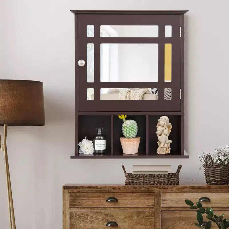 Armoire à pharmacie à miroir, rangement mural pour salle de bain avec étagère réglable, gris/marron