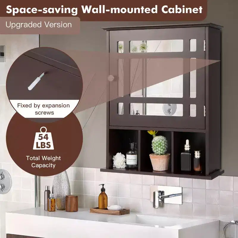 Armoire à pharmacie à miroir, rangement mural pour salle de bain avec étagère réglable, gris/marron