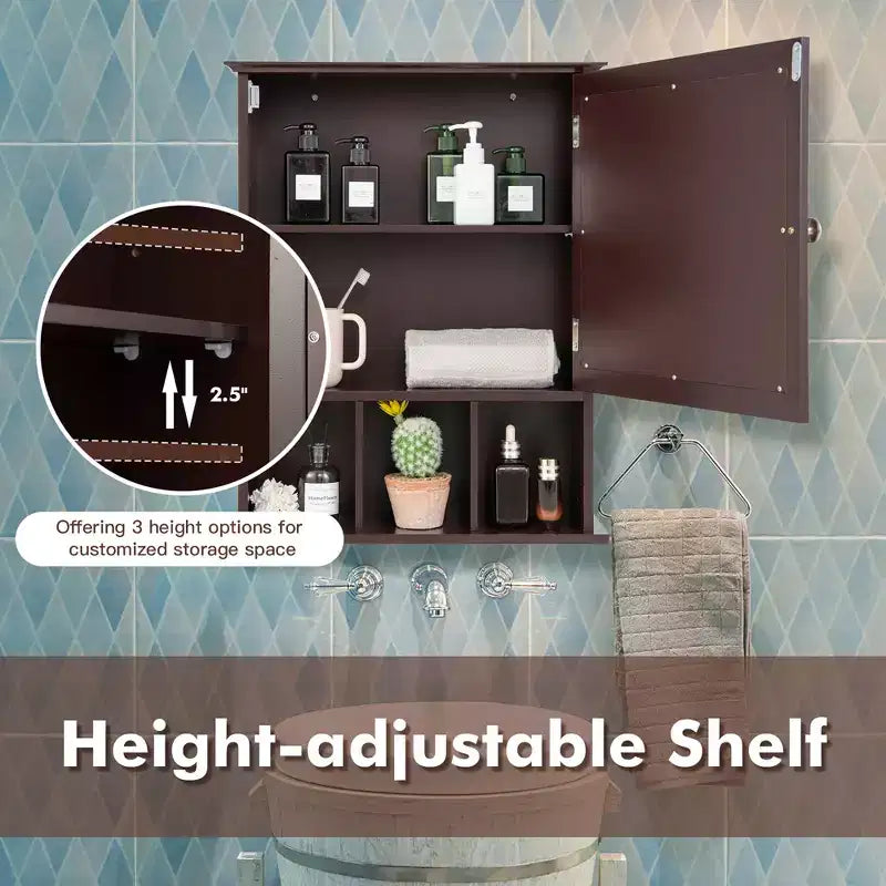 Armoire à pharmacie à miroir, rangement mural pour salle de bain avec étagère réglable, gris/marron
