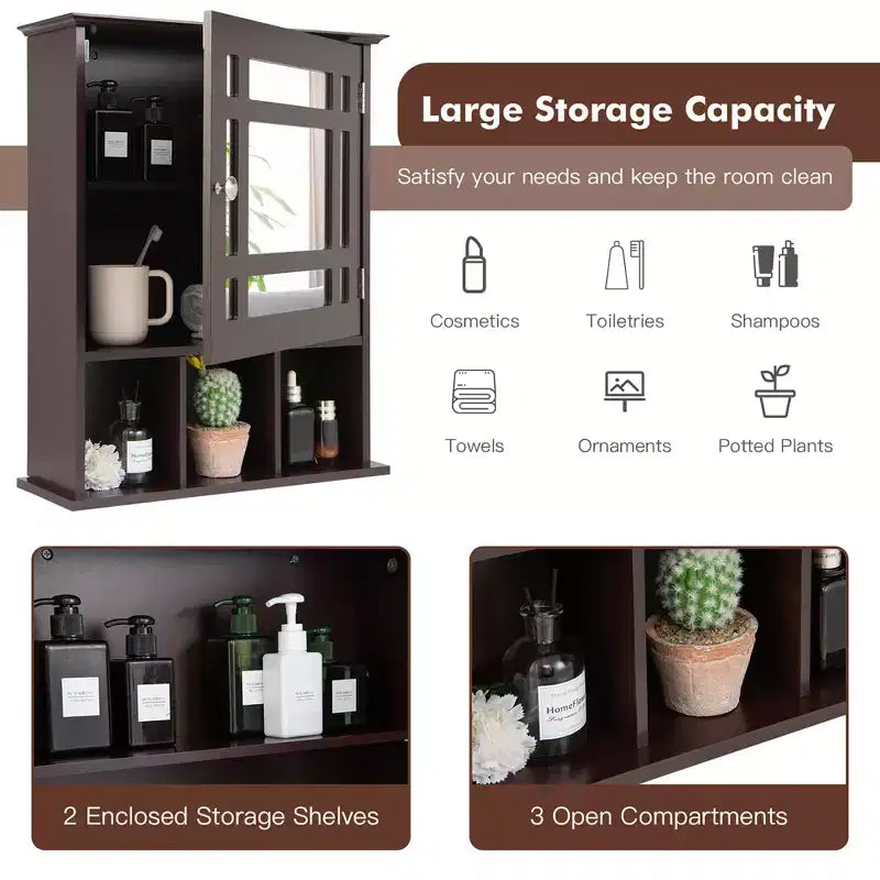Armoire à pharmacie à miroir, rangement mural pour salle de bain avec étagère réglable, gris/marron