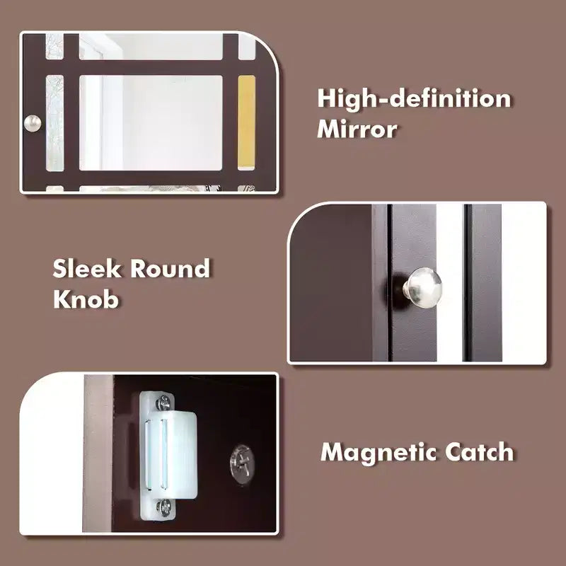 Armoire à pharmacie à miroir, rangement mural pour salle de bain avec étagère réglable, gris/marron