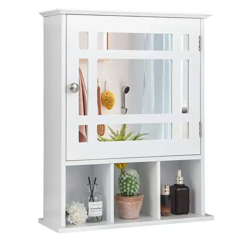 Armoire à pharmacie à miroir, rangement mural pour salle de bain avec étagère réglable, gris/marron