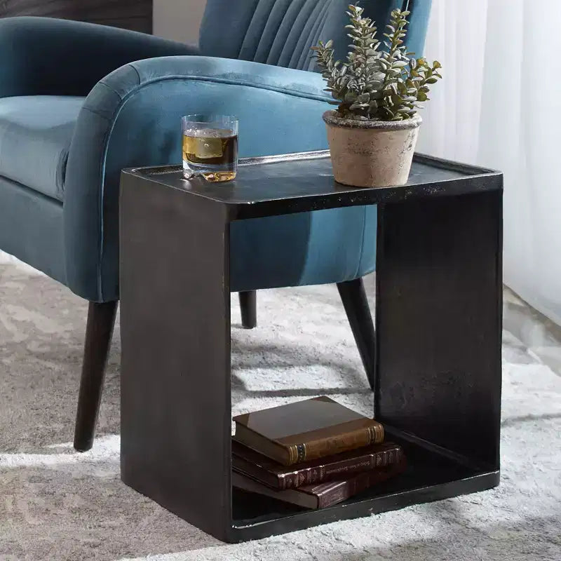 Table d'appoint industrielle antique en nickel 50,8x30,5 cm avec rangement - Noir