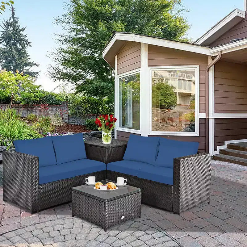 Costway 4PCS Patio Rattan Furniture Set Cushioned Loveseat Storage Table Navy