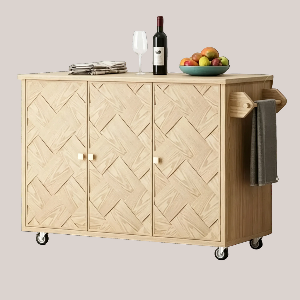 Îlot de cuisine roulant en placage de frêne tressé avec abattant, style côtier avec étagère de rangement interne