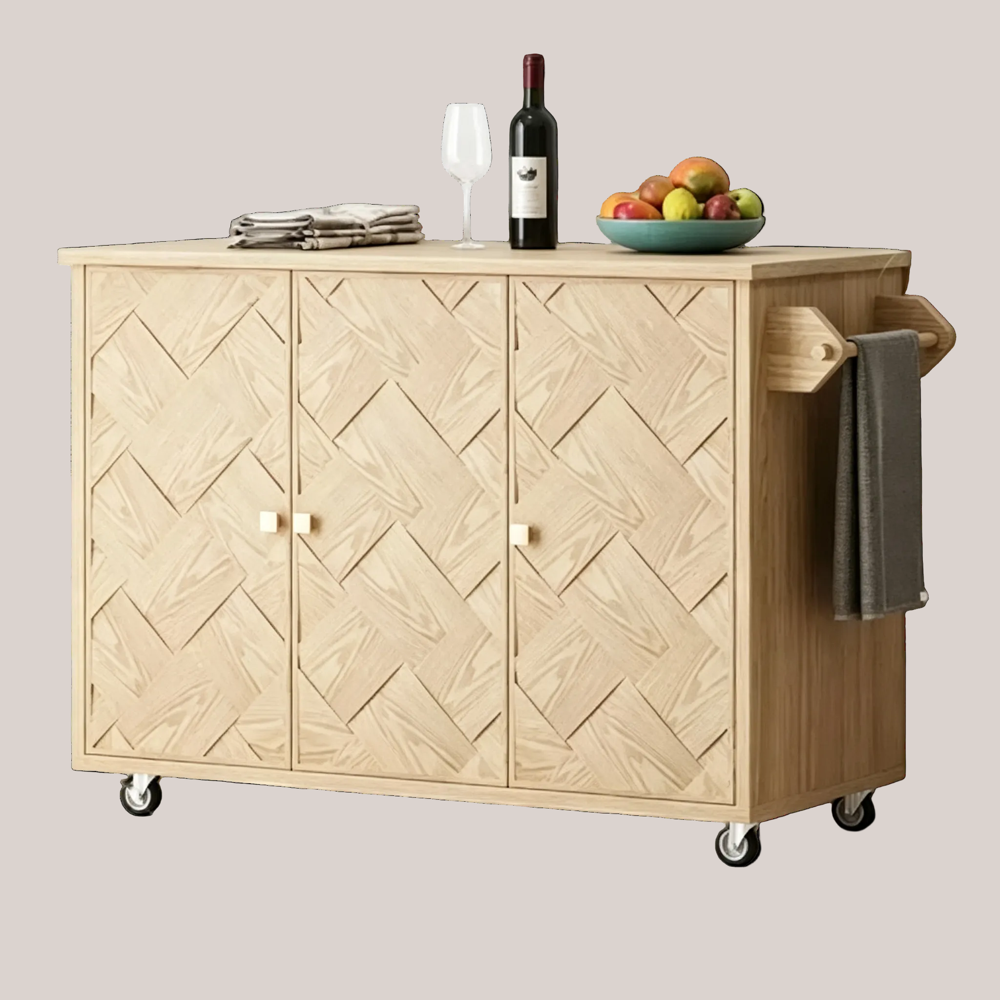 Îlot de cuisine roulant en placage de frêne tressé avec abattant, style côtier avec étagère de rangement interne