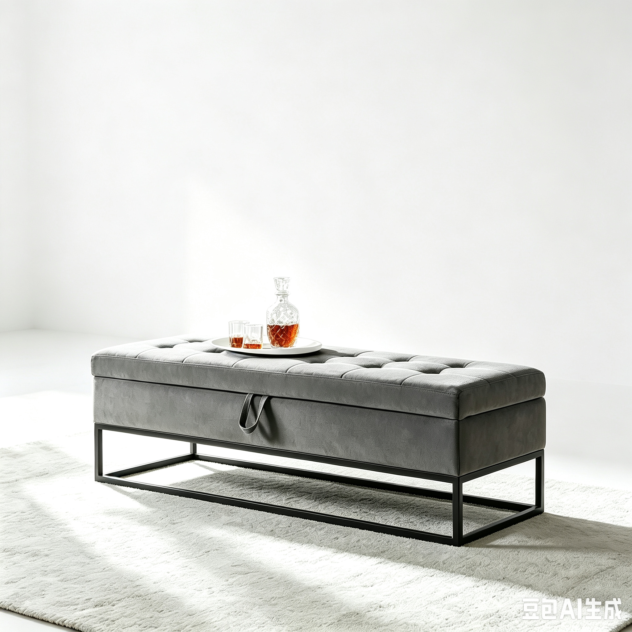Banc en velours avec base en métal, Banc de lit pour salon, Gris