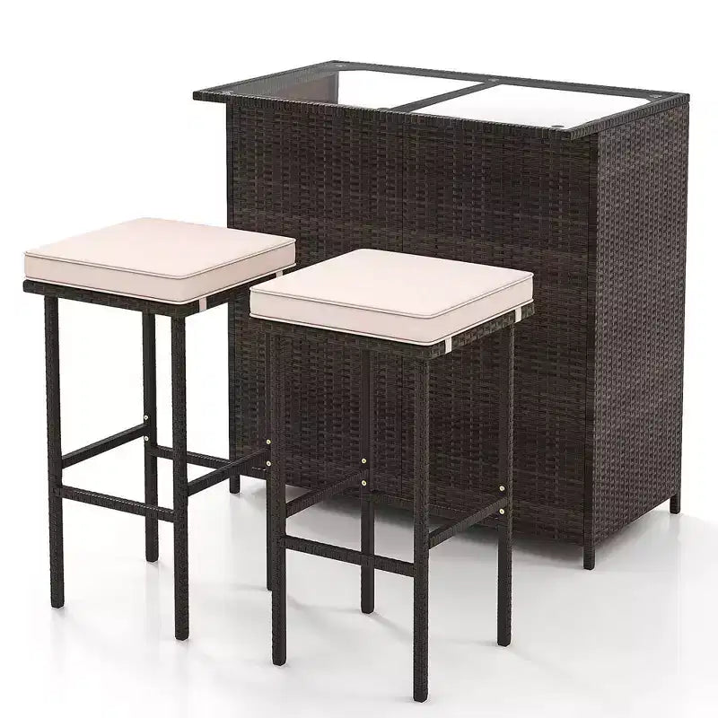 Costway 3 PCS Patio Bar Set with Tempered Glass Tabletop 2-Tier Storage Removable Cushions