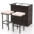 Costway 3 PCS Patio Bar Set with Tempered Glass Tabletop 2-Tier Storage Removable Cushions