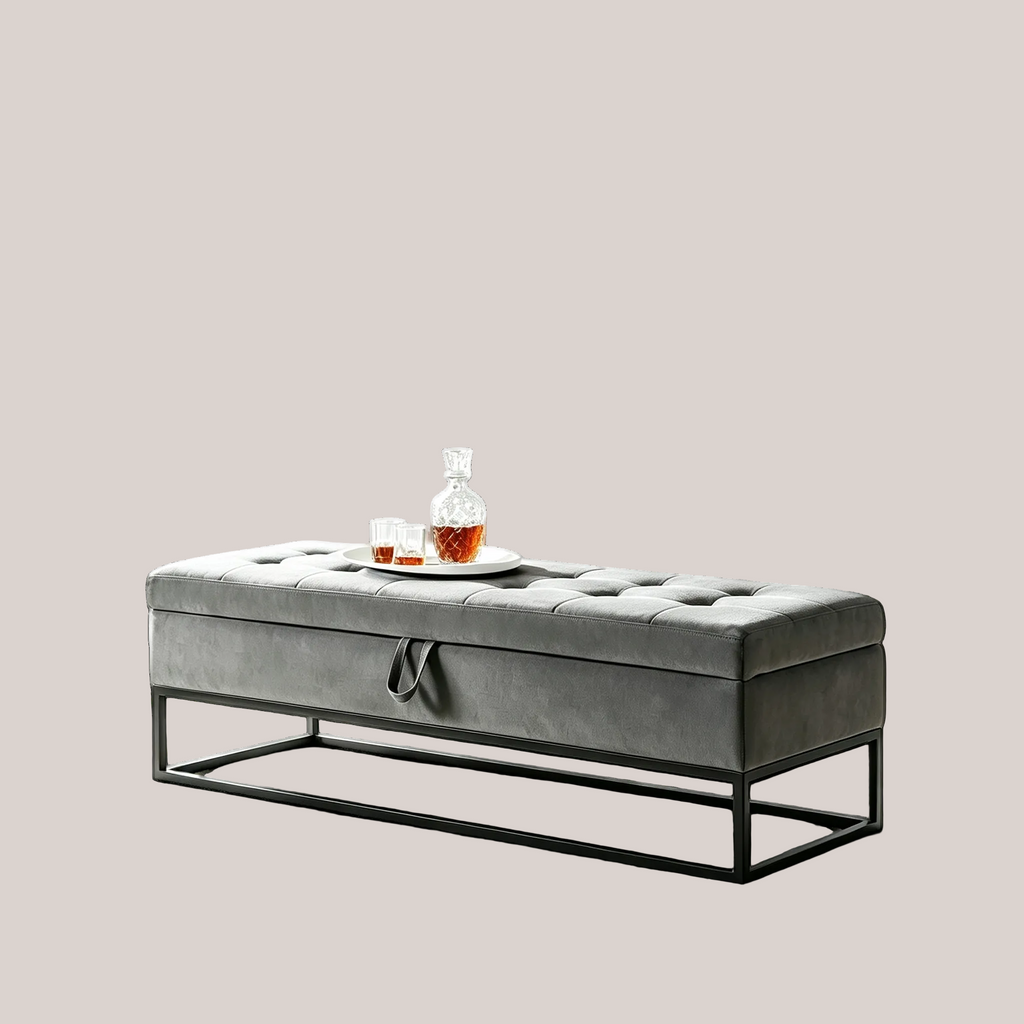 Banc en velours avec base en métal, Banc de lit pour salon, Gris